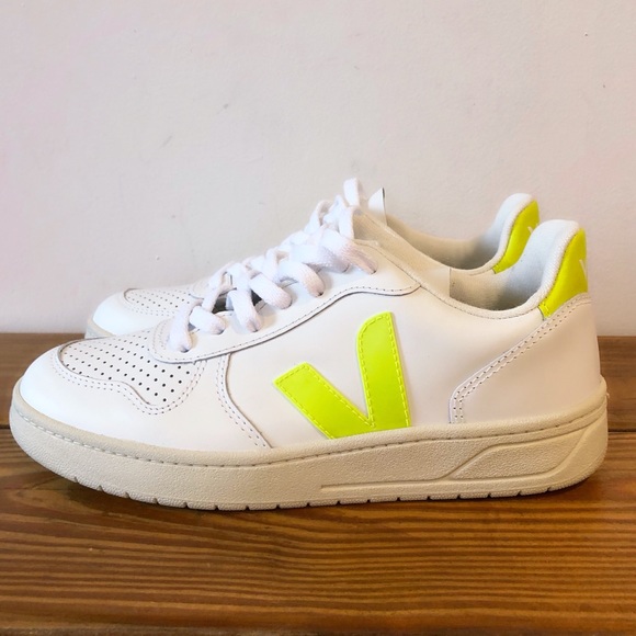 Veja V10 Leather White Jaune Fluo Sneakers Shoes - Picture 5 of 10